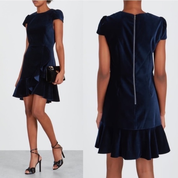 ALICE + OLIVIA Enid Ruffle Short Sleeve Cocktail Velvet Mini Dress Navy Size 2 - Picture 16 of 16